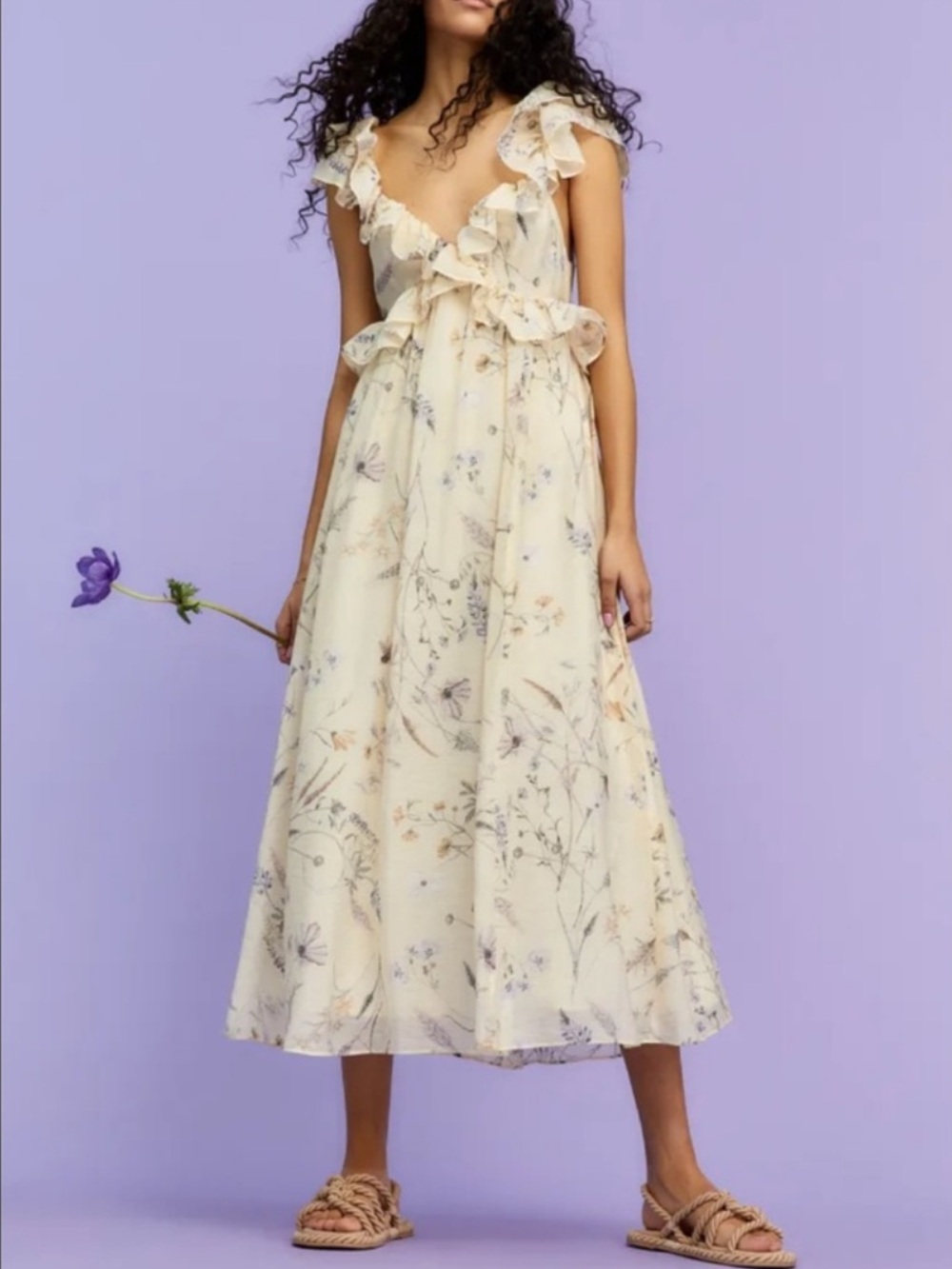 NWOT H&M Lyocell Blend Floral Printed Ruffle V-Neck Maxi Dress in Cream